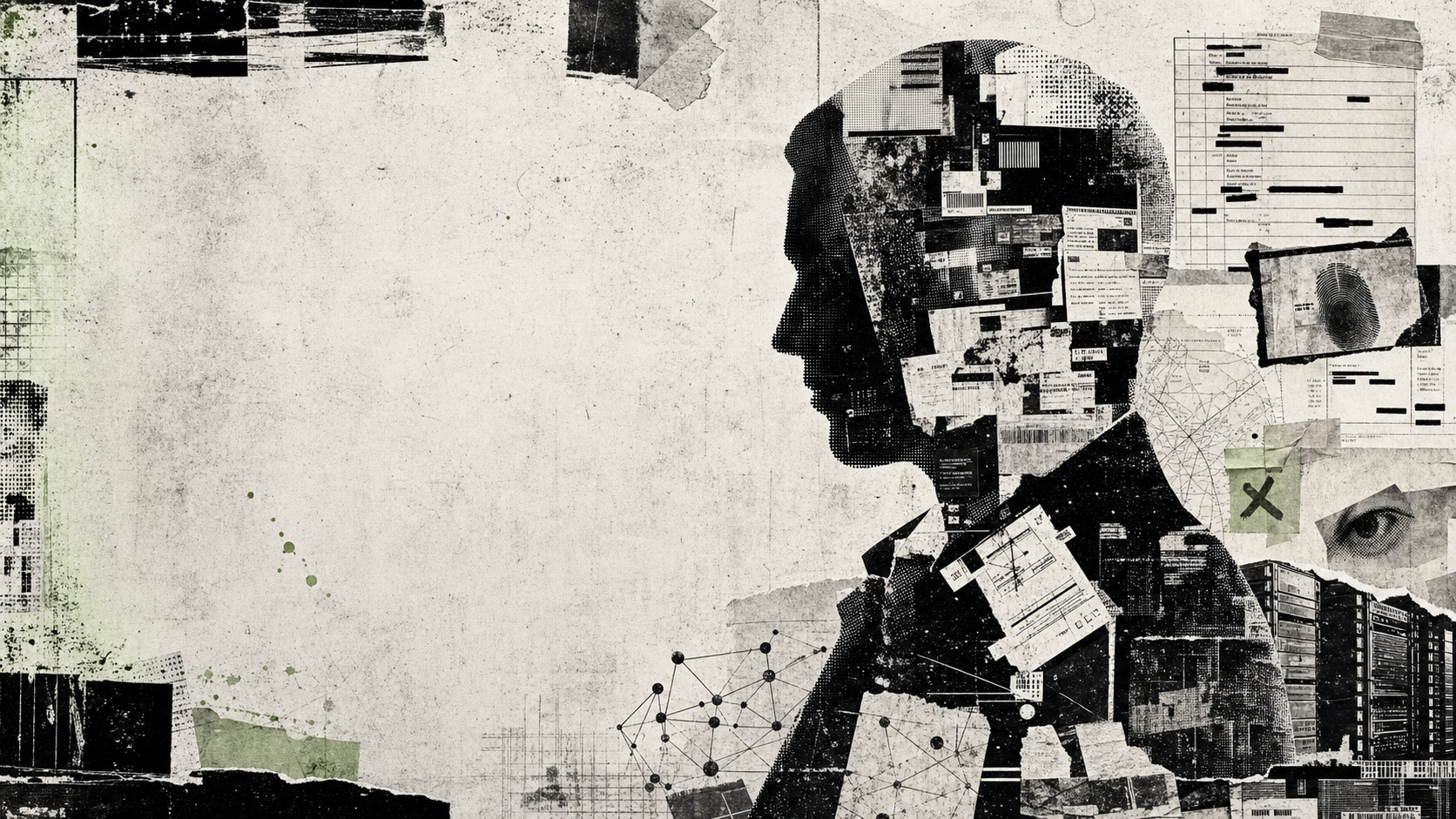 Collaged field guide portrait and evidence fragments